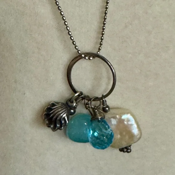 Sterling Silver Delicate Blue Glass and Pearl Bead Pendent Necklace - Picture 4 of 7